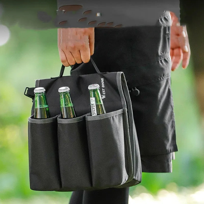 Black bicycle drink bag mounted on bike frame showing double-sided access and 2-litre capacity