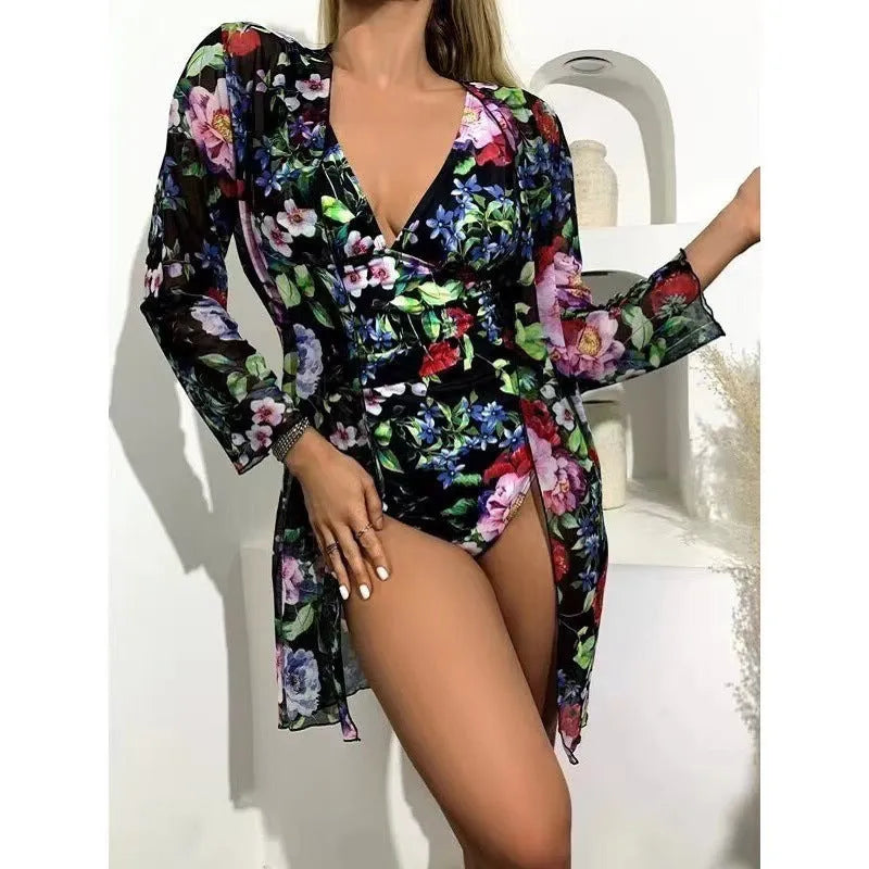 Women's floral tight bikini three-piece suit in green with coat for swimming sports, sizes S M L