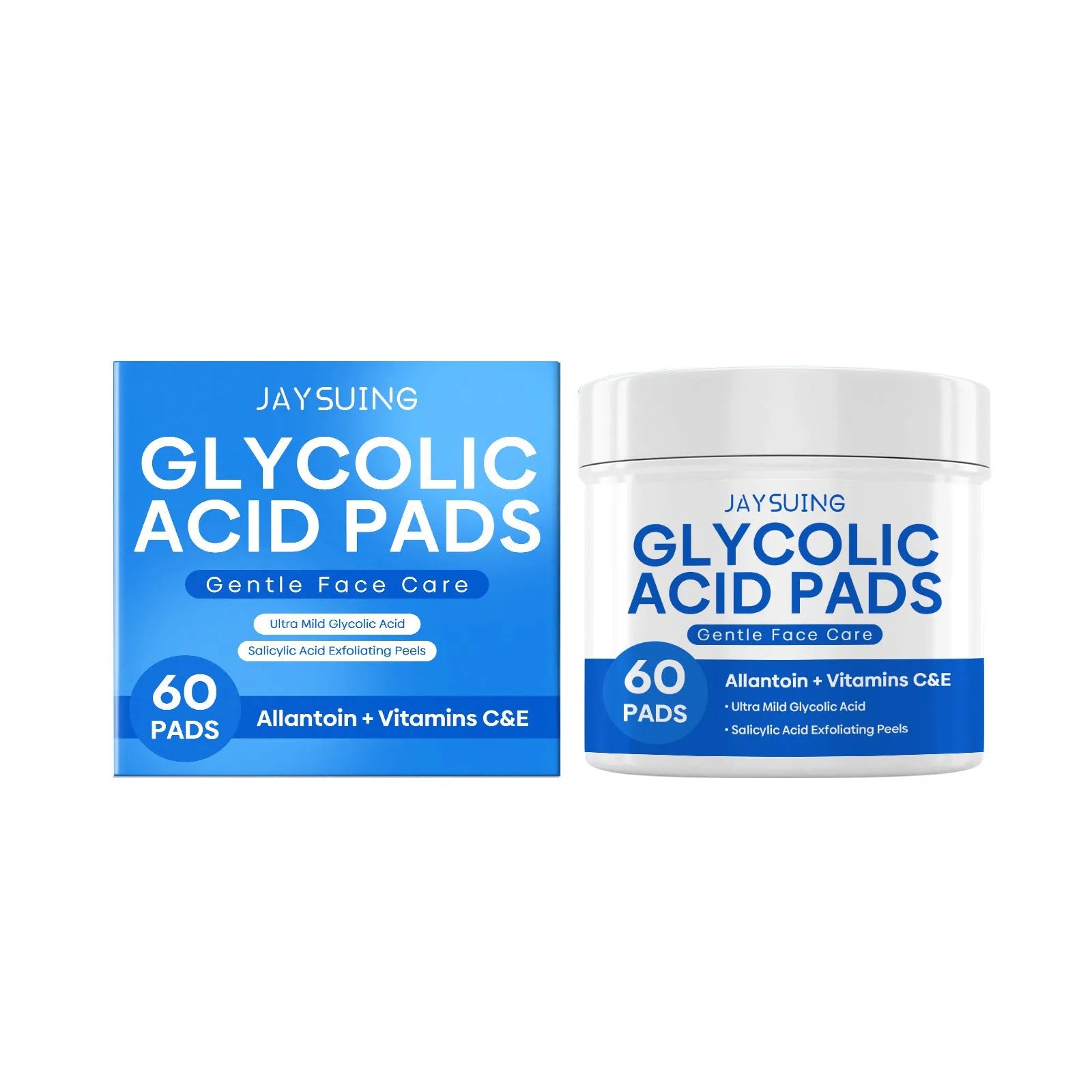 Pack of 60 pre-moistened glycolic acid and salicylate cotton exfoliating pads for skincare.