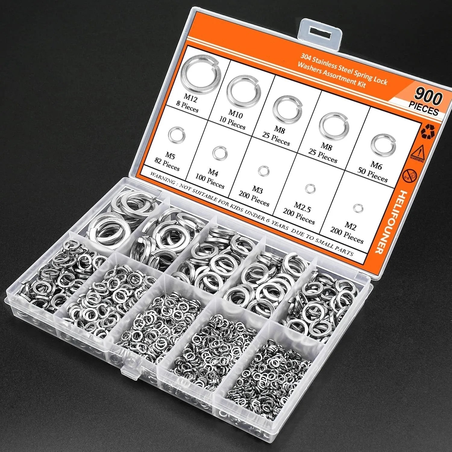 304 stainless steel spring lock washer combination box with 900 pieces covering 2-12mm diameters