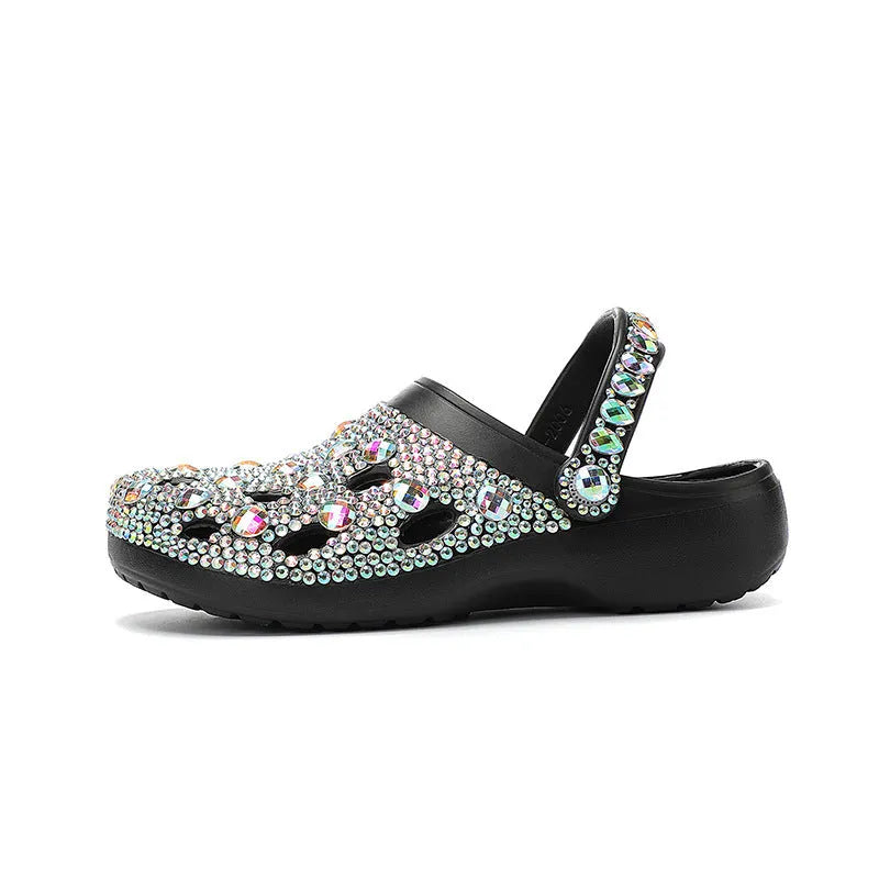 Black women's platform sandals with rhinestone details, perforated EVA upper, and 2cm thick sole