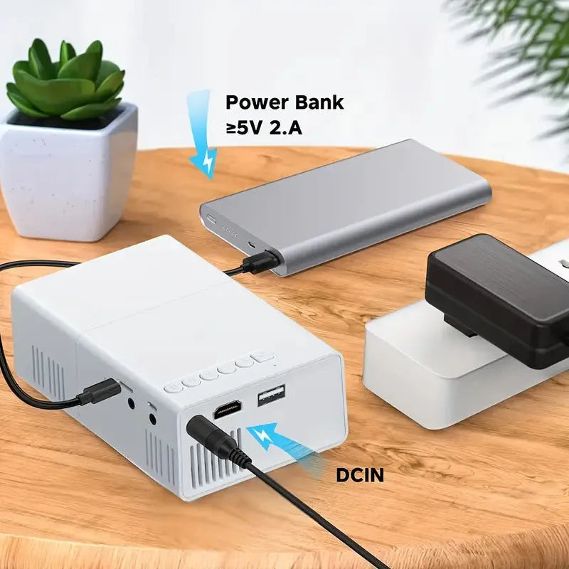 M100 Mini Projector in black or white showing 100-inch projection with international power compatibility