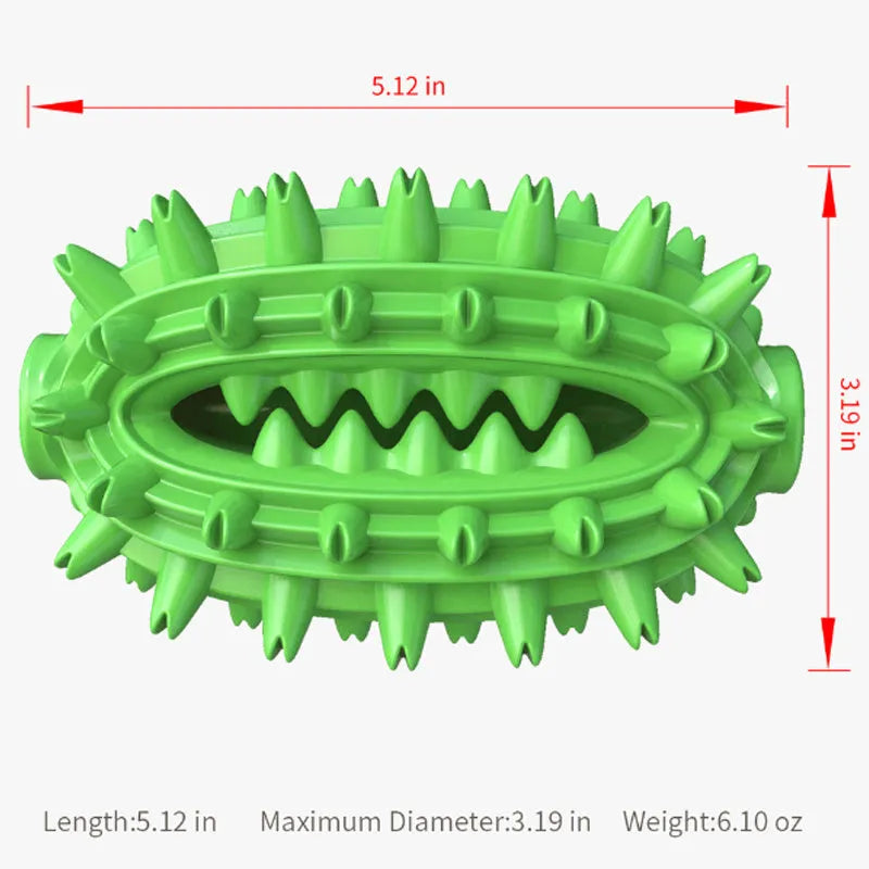 Green or yellow cactus-shaped dog toothbrush toy for dental care, measuring 13 cm by 8 cm