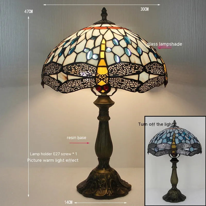 Tiffany dragonfly stone table lamp in blue or green, European-style design with 7W LED bulb for bedroom or living room