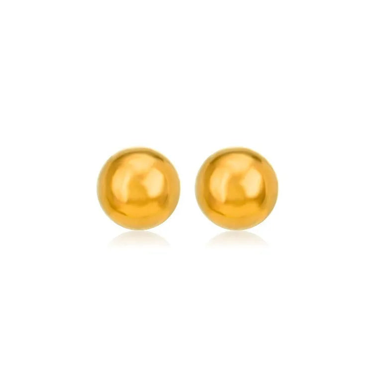 Stainless steel ball stud earrings with round geometric design in gold or silver finish, showing front and side views