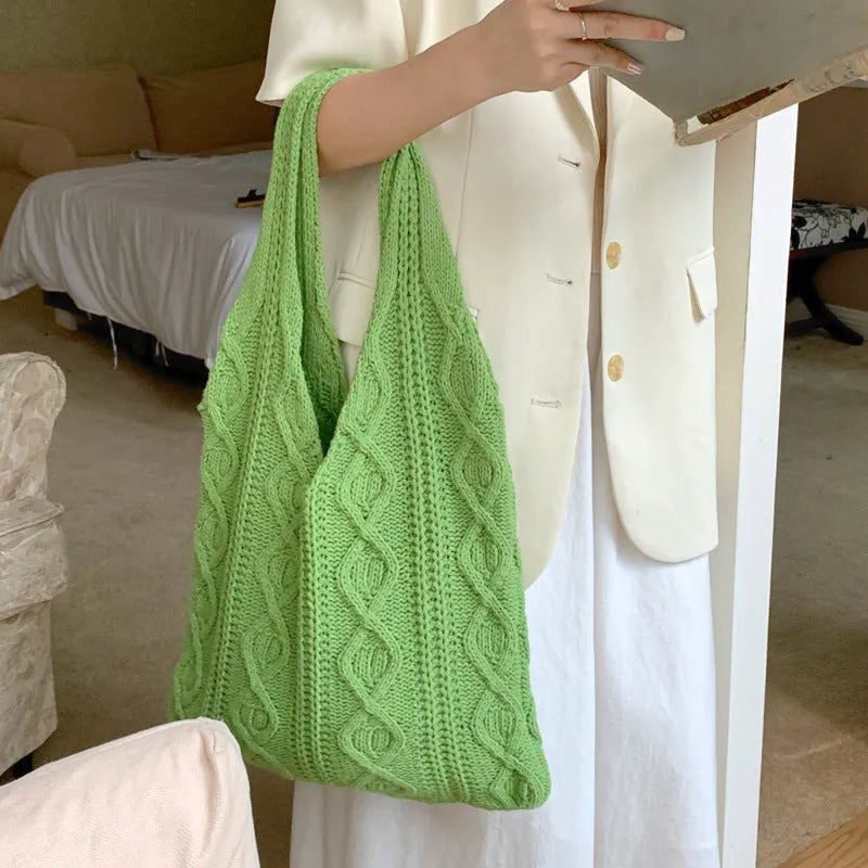Women's retro style hollow knitted tote bag in polyester with double shoulder straps, shown in a solid colour.