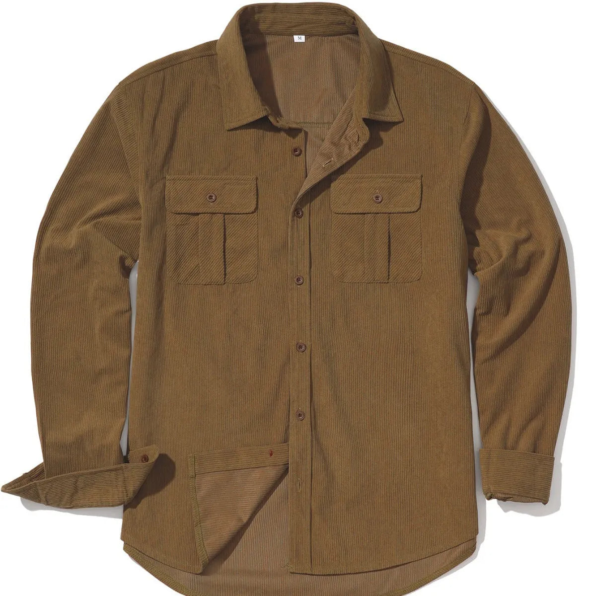 Men's loose-fit corduroy shirt in Japanese retro style with sanded velvet texture, shown in Army Green colour