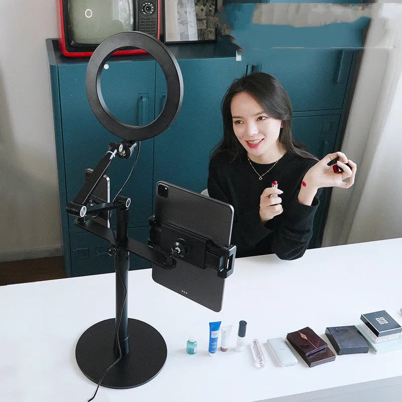 Black floor-standing mobile phone tablet holder with vertical folding rotation and fill light