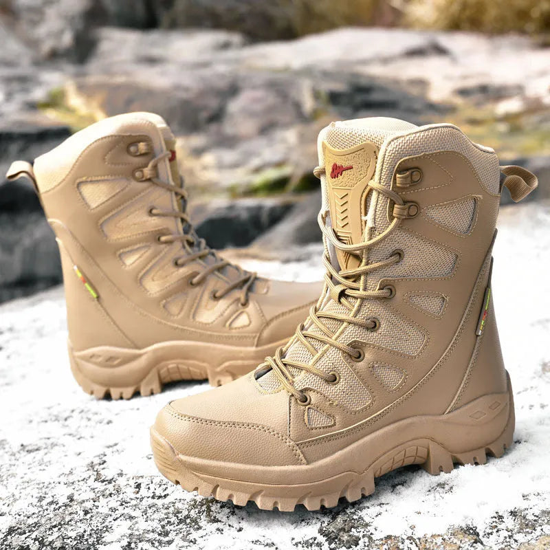 Men's hi-top hiking shoes in beige with cowhide upper, suitable for outdoor activities like running and climbing