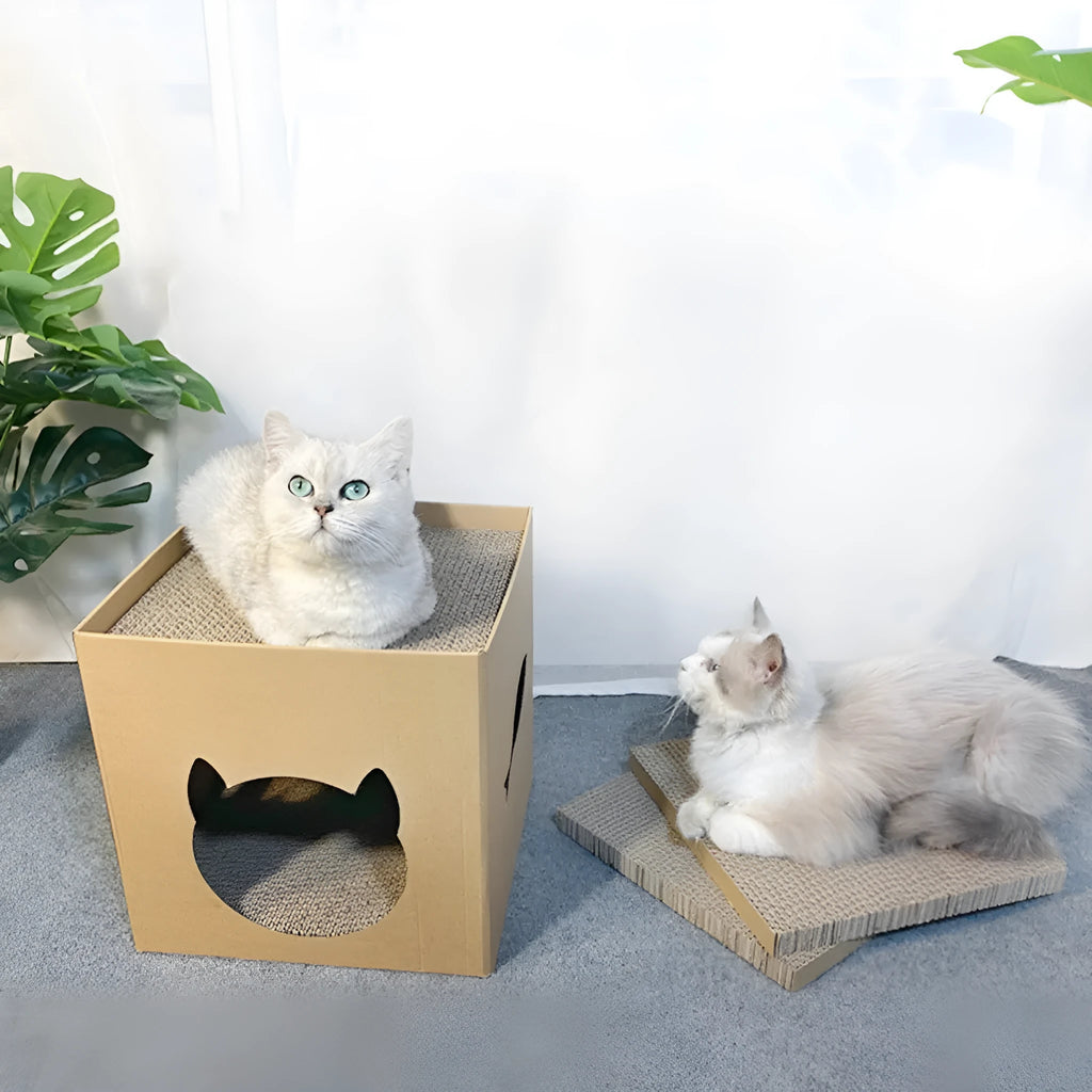 Vertical corrugated paper cat scratch board measuring 30cm cube in pet milk carton colour