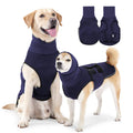 Army green dog anti-anxiety jacket wrapped around a dog's torso.