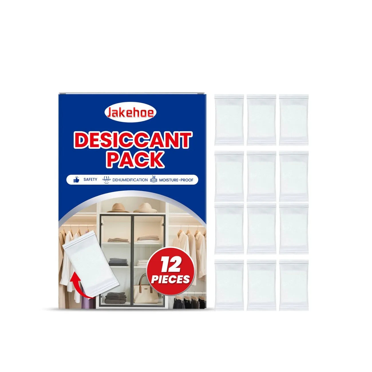 12-pack calcium chloride desiccant for household moisture absorption, each piece approx 10x7x2cm