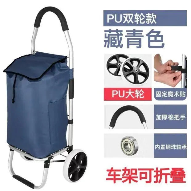 Aluminium alloy folding shopping cart pull rod trolley in black or cyan with white ring bull wheel