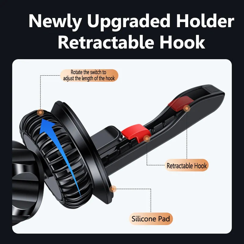 Silver magnetic phone holder attached to car air vent with phone mounted