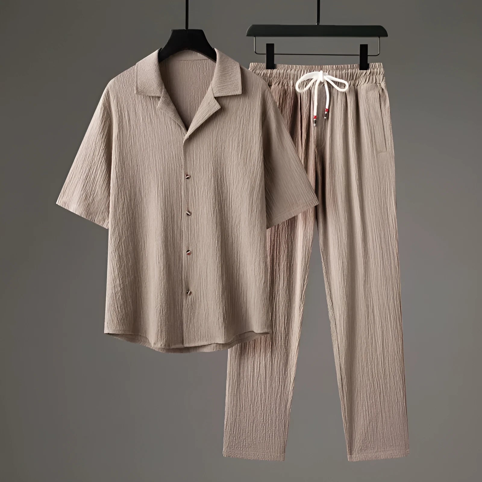 Men's Chinese style two-piece sports set with short sleeve shirt and trousers in polyester fabric