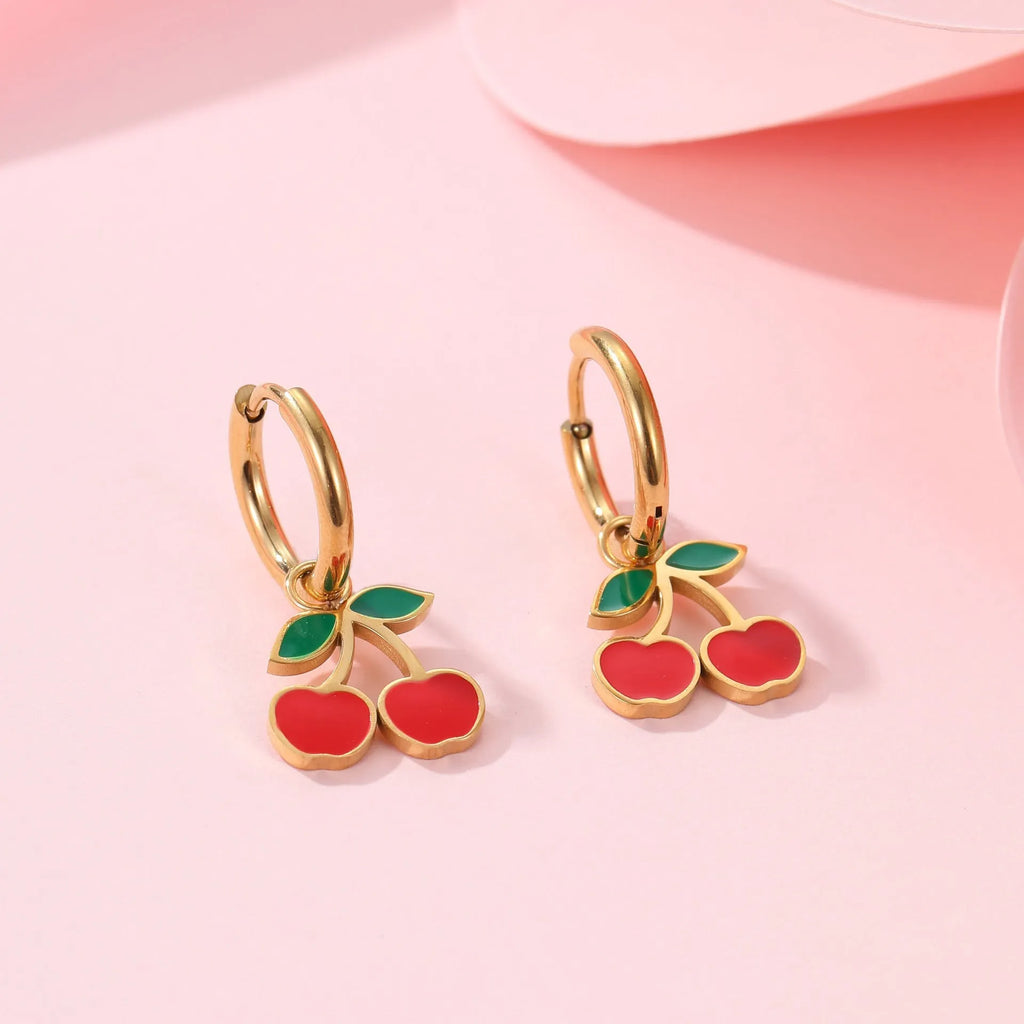 Complete cherry jewellery set with stainless steel necklace, bracelet, earrings, and ring on 18K electroplated chain.
