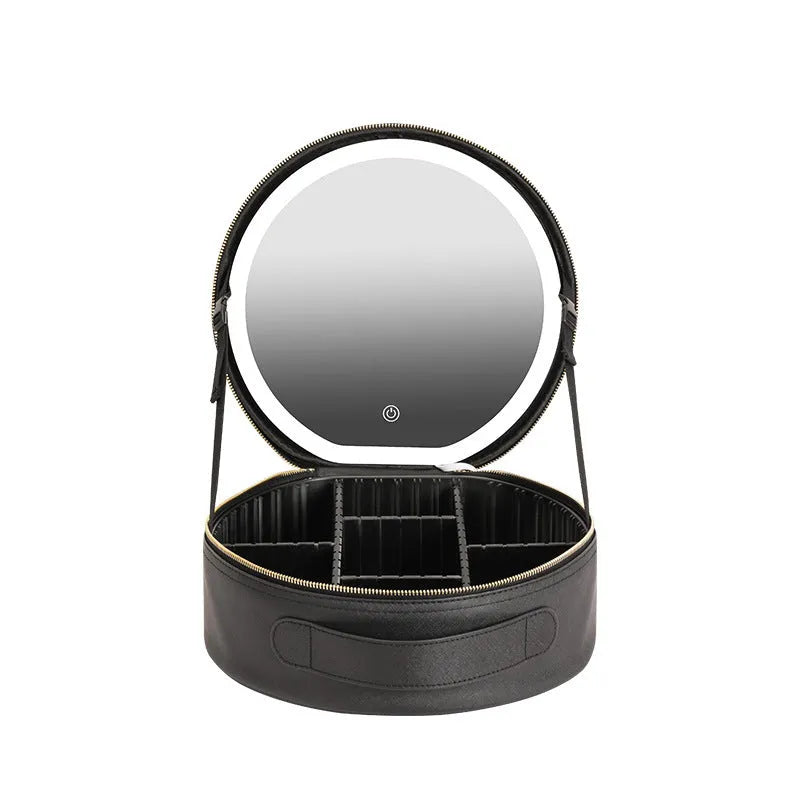 Round pink smart LED makeup bag with mirror lights open, showing internal partitions and adjustable lighting.