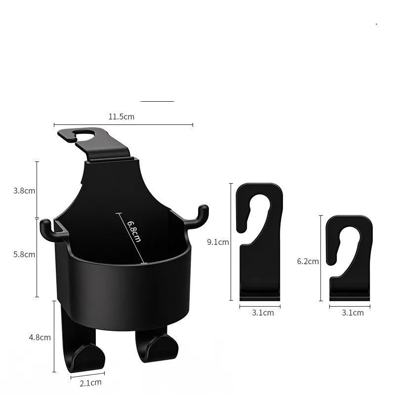 Black plastic car seat back organiser with cup holder and hook.