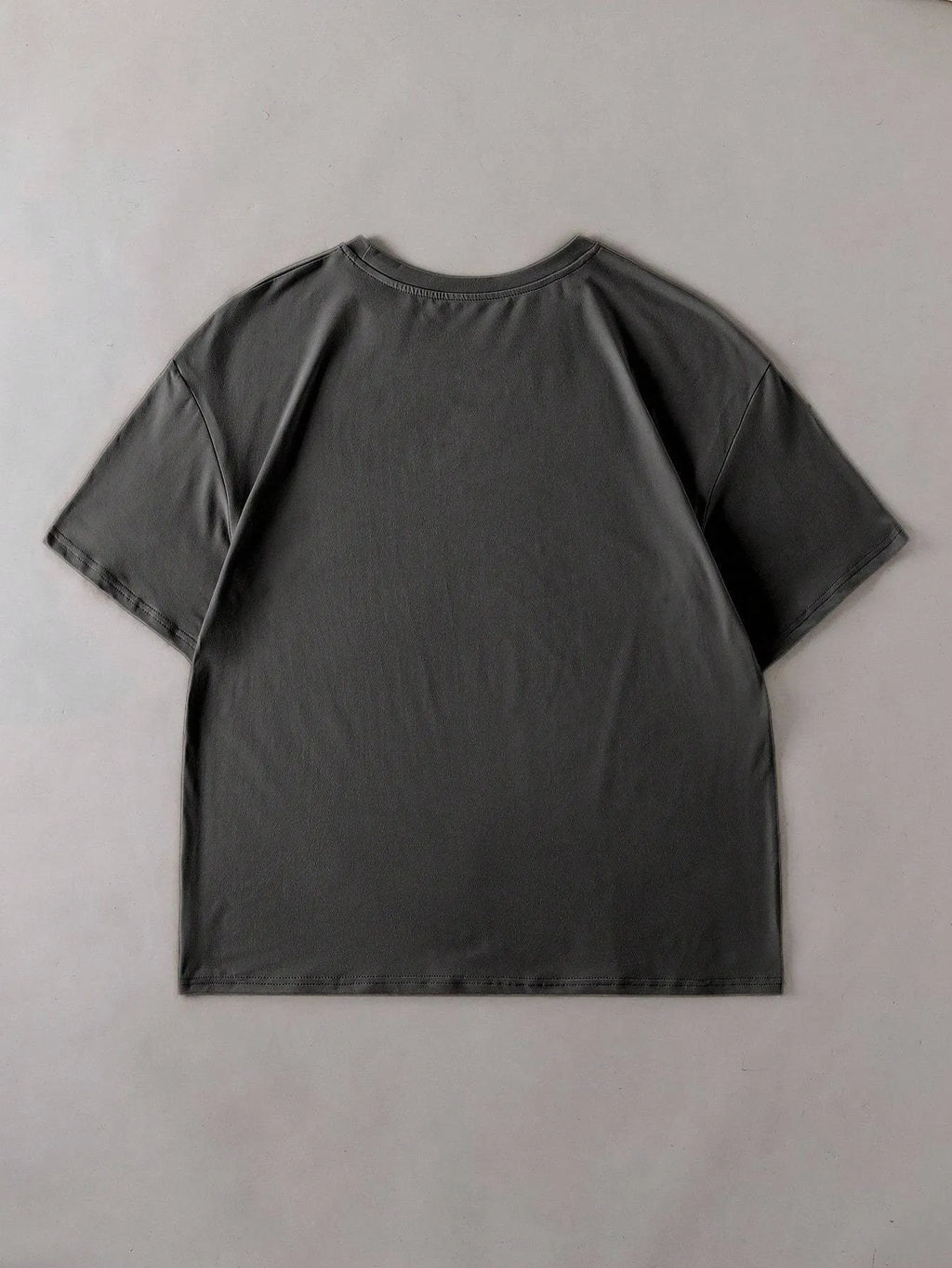 Summer loose short sleeves cotton T-shirt in black, green, grey, or orange with round neck, sizes S to 2XL