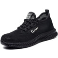 Men's Flyknit steel toe work shoes in black colour showing breathable upper construction