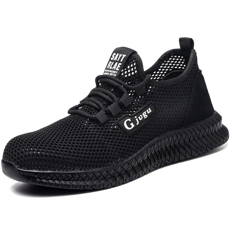Men's Flyknit steel toe work shoes in black colour showing breathable upper construction