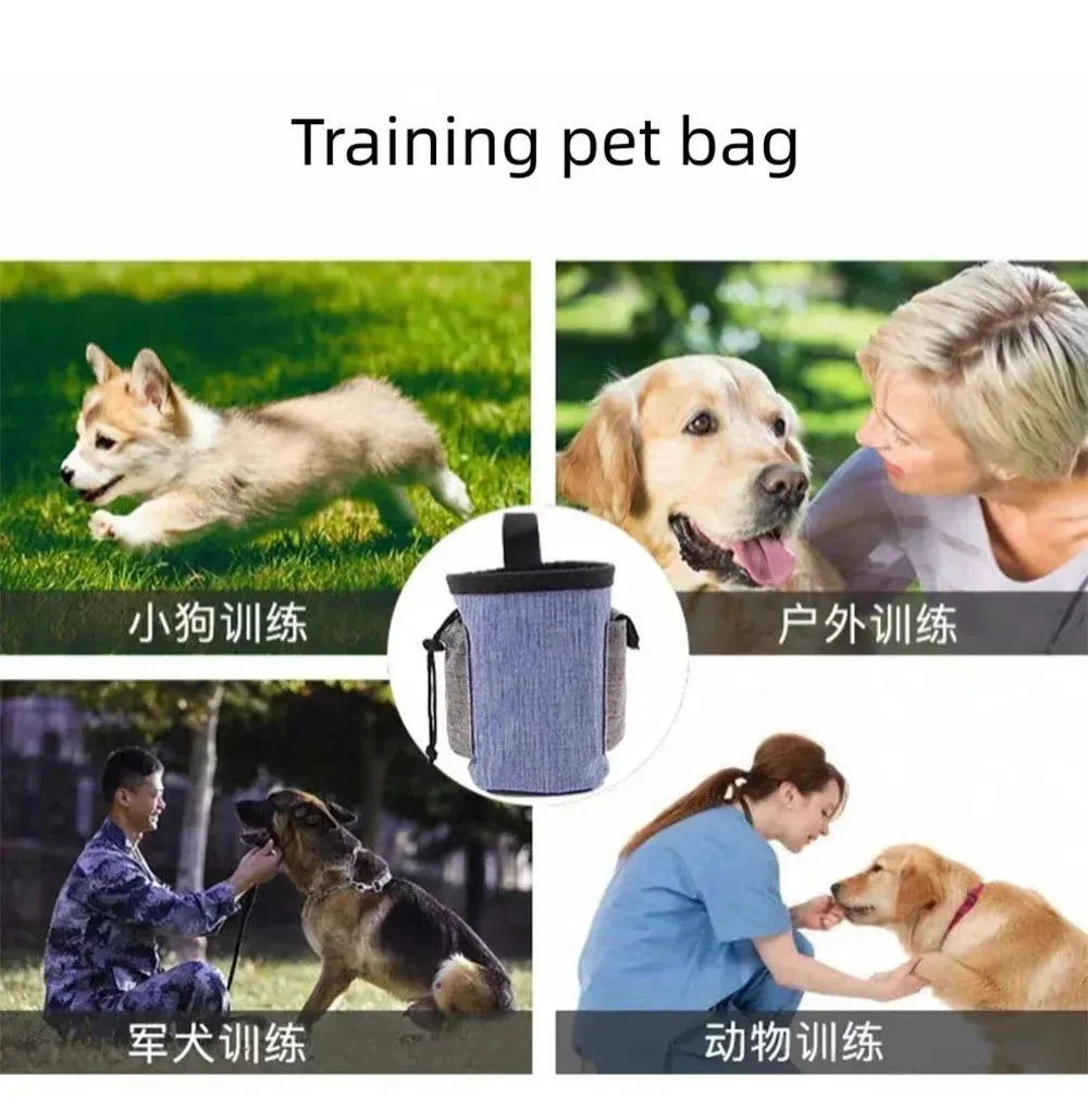 Waterproof pet training waist bag with adjustable belt, dual pockets, and plastic clips in blue colour