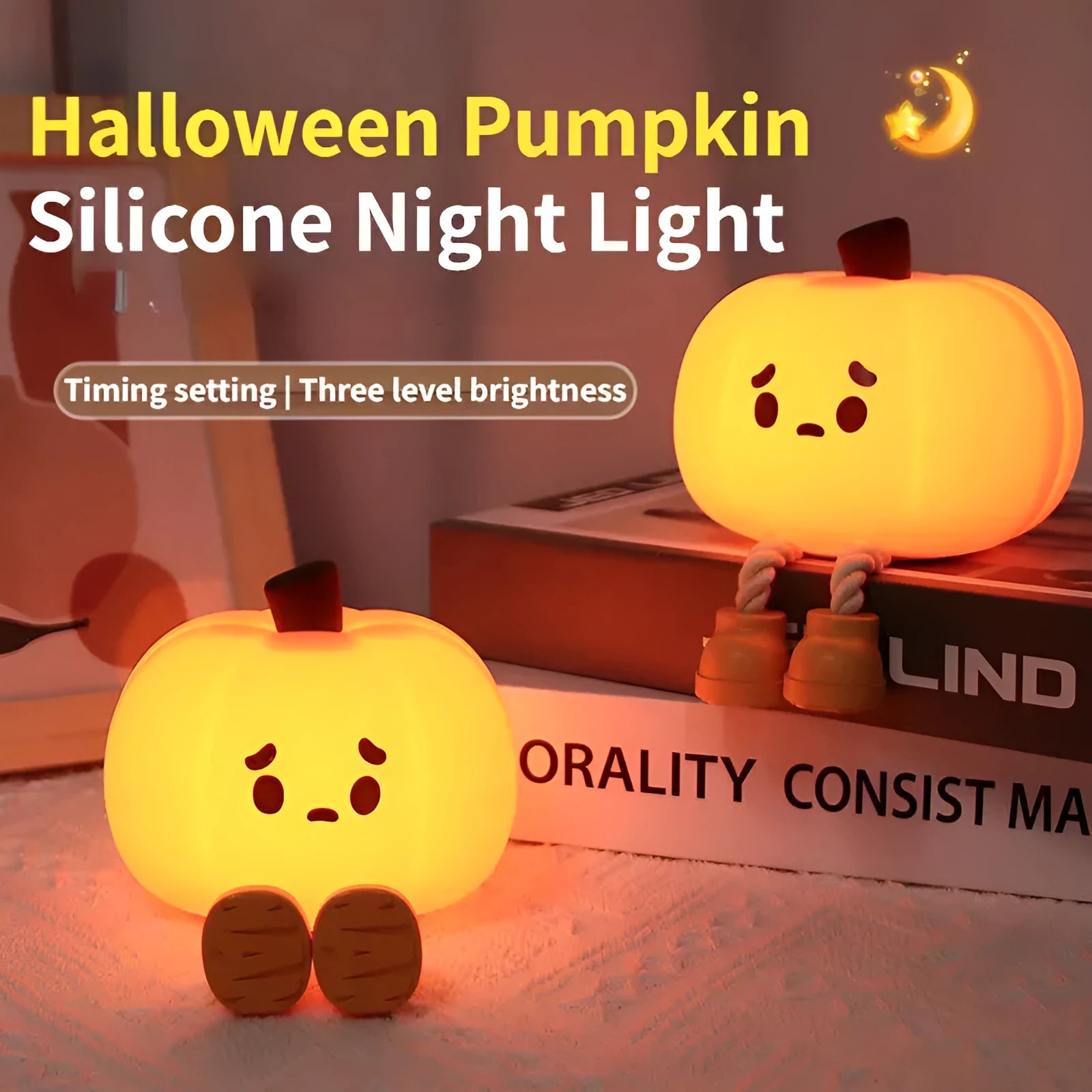 Soft silicone pumpkin night light with USB rechargeable battery and touch dimming controls
