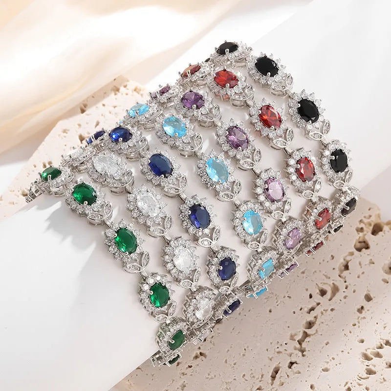 Personality Trend women's electroplated alloy bracelet with inlaid zircon accents in nine gemstone colour options