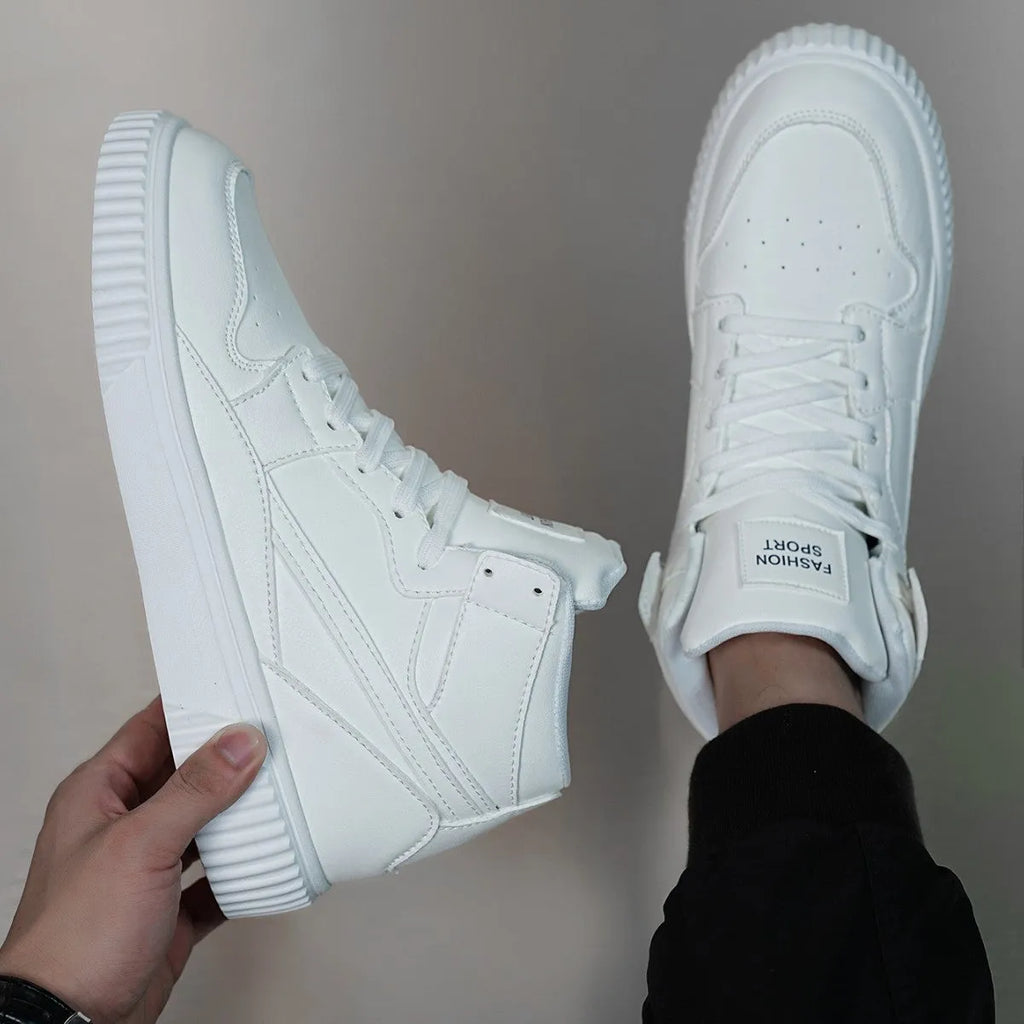 White men's casual shoes with round toe design and microfiber upper, shown from side view