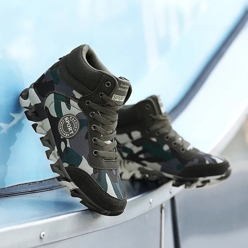 Women's green camouflage canvas sneakers with rubber sole, shown in casual setting