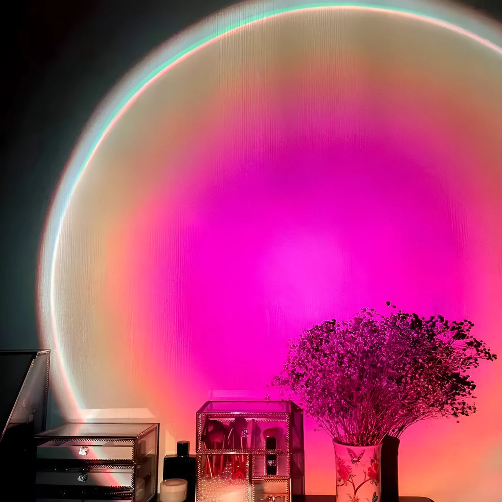 USB rechargeable rainbow projection lamp showing sunset red colour projection on wall