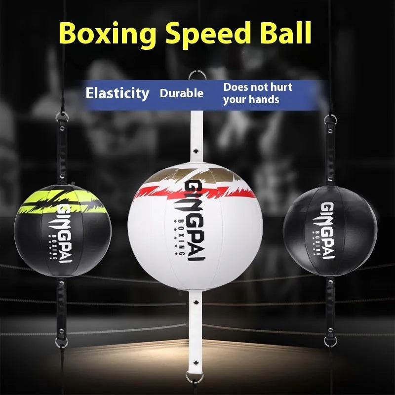 Black boxing speed ball hanging from adjustable cord with 150-200cm height range for reaction training