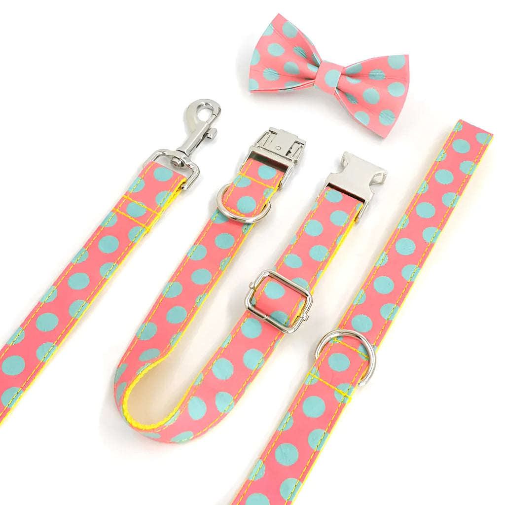 Yellow polka dot dog collar and lead rope set with bow detailing