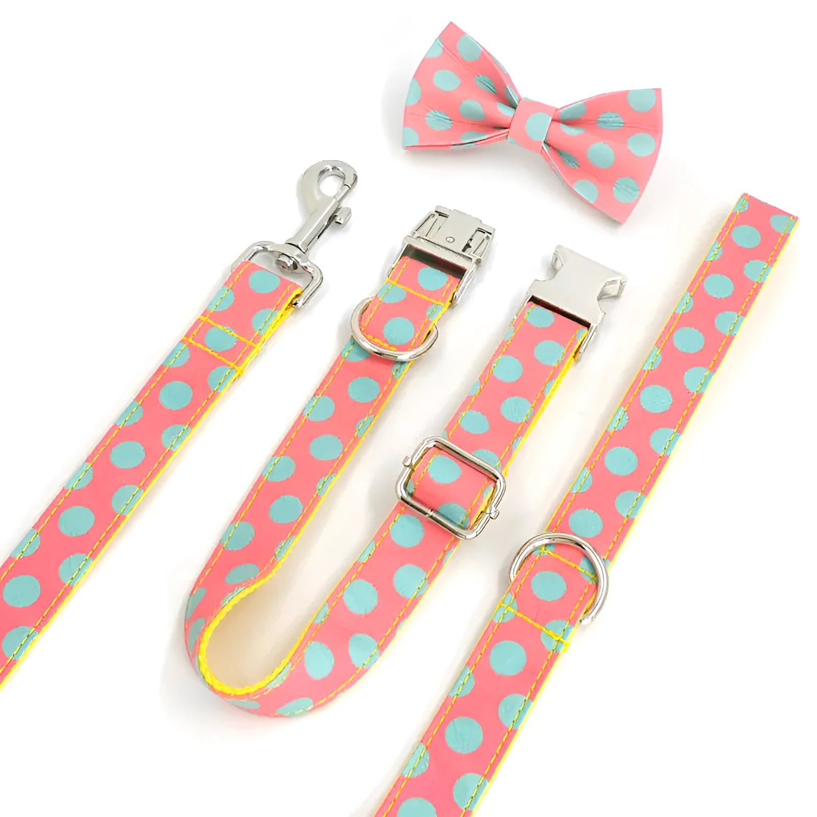 Yellow polka dot dog collar and lead rope set with bow detailing