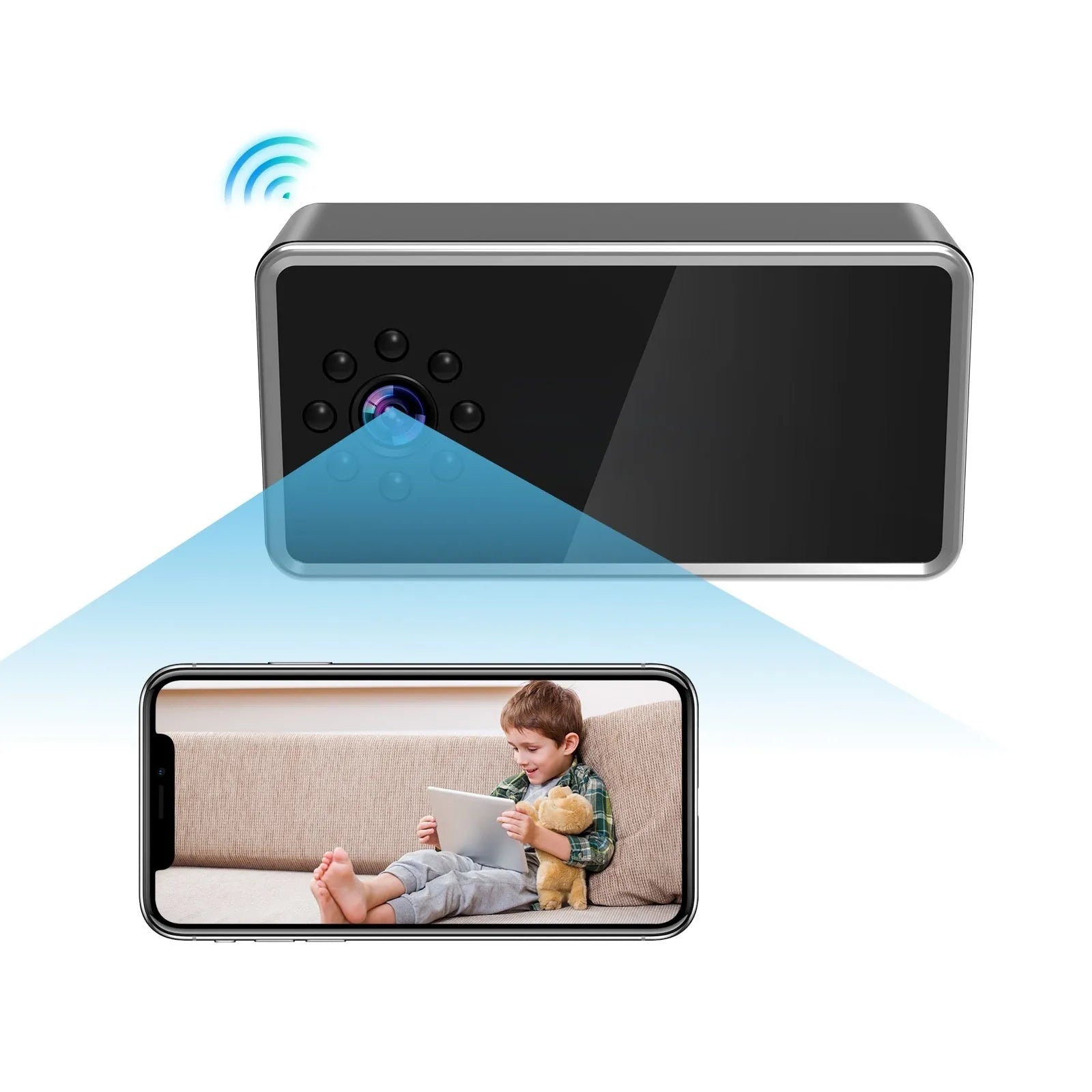 Wireless HD surveillance camera measuring 11.8cm with night vision and alarm detection functions