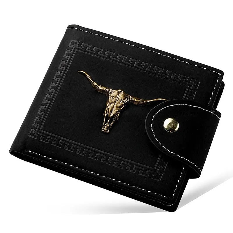 Black men's short wallet with animal pattern design, multiple card slots and zipper closure