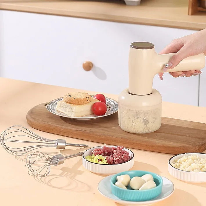 USB rechargeable electric garlic chopper with egg beater attachment in khaki or beige colour options