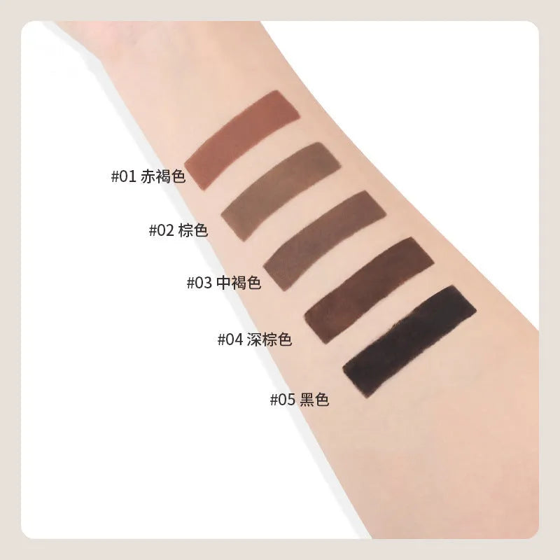 Double-headed eyebrow cream makeup pencil showing reddish brown, brown, light brown, dark brown, and black shades.