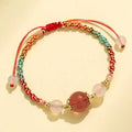 Hand-woven women's bracelet with white agate and a choice of strawberry quartz, pink crystal, or prehnite centre bead.