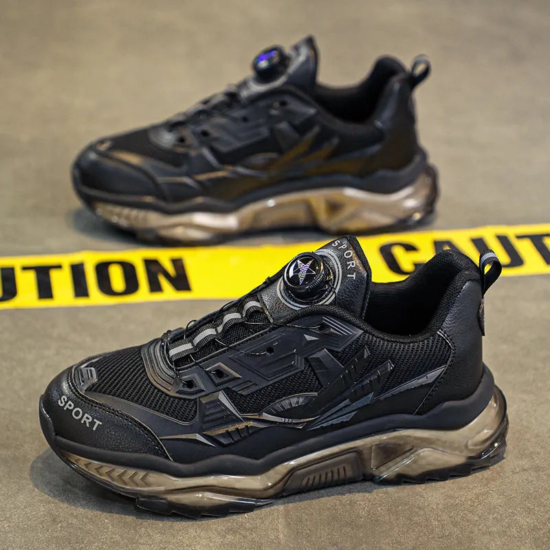 Men's black rotating button dad shoes with mesh upper and non-slip sole on wooden surface