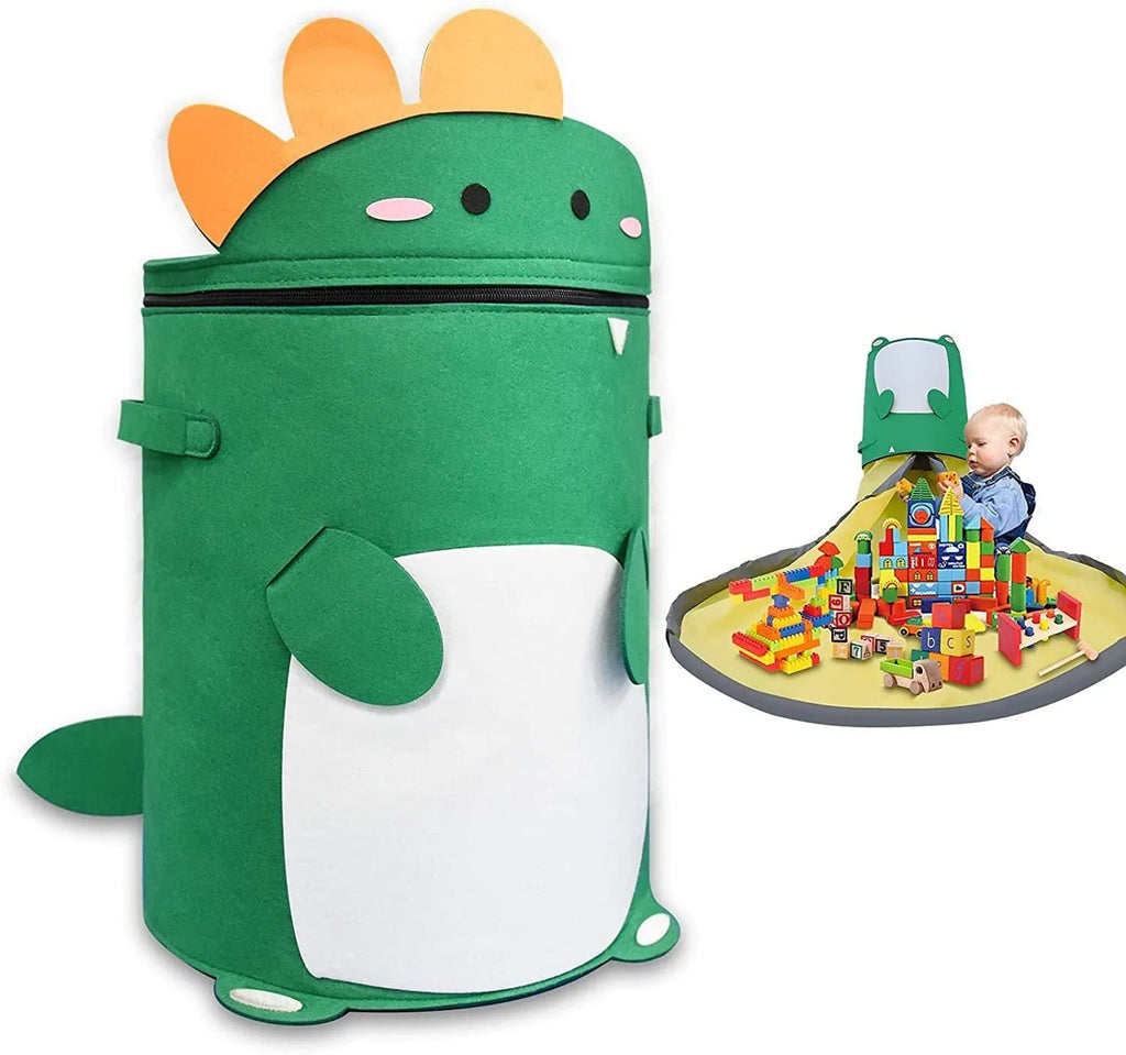 Green felt storage cube with pull rope, unfolded as a play mat on a living room floor