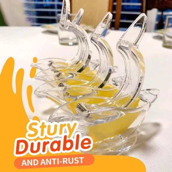Transparent acrylic bird-shaped manual lemon juicer on a kitchen counter