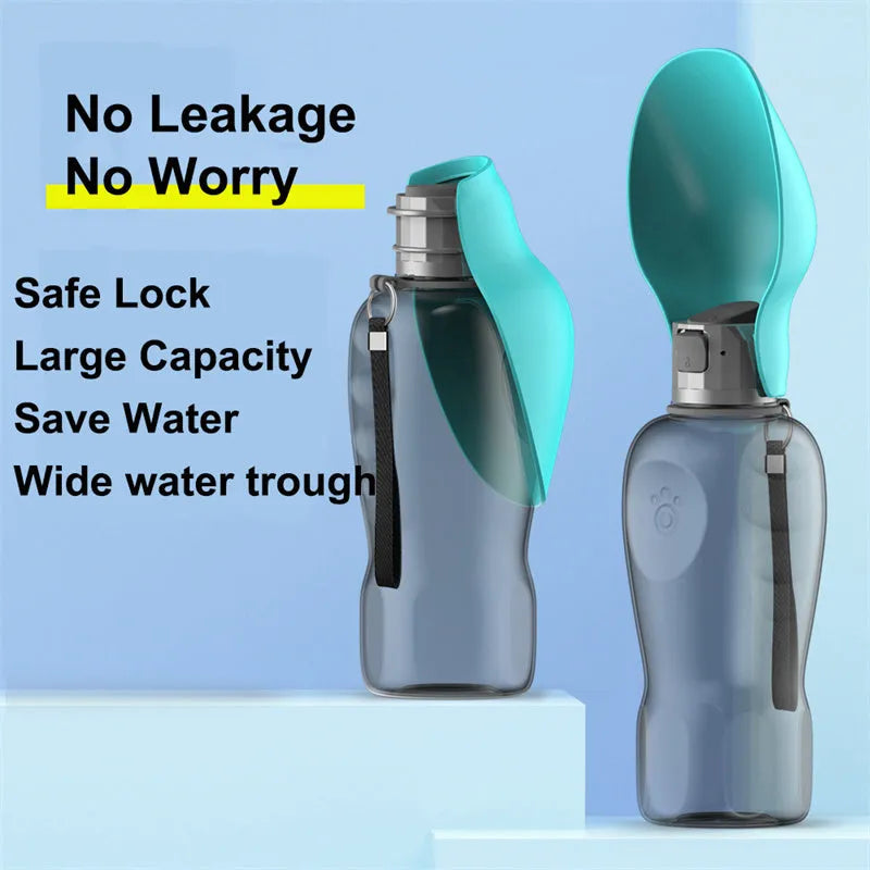 Blue grey portable dog water bottle with foldable drinking bowl extended, showing 800ml capacity.