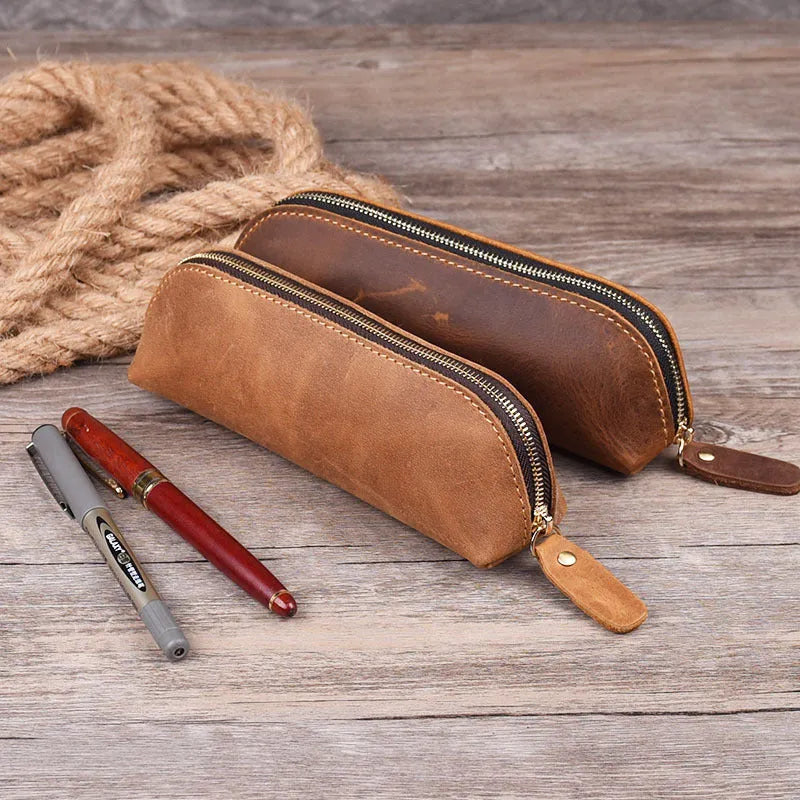 Genuine cowhide leather rectangular glasses and pencil case with a zipper in black, brown, dark brown, or yellow.