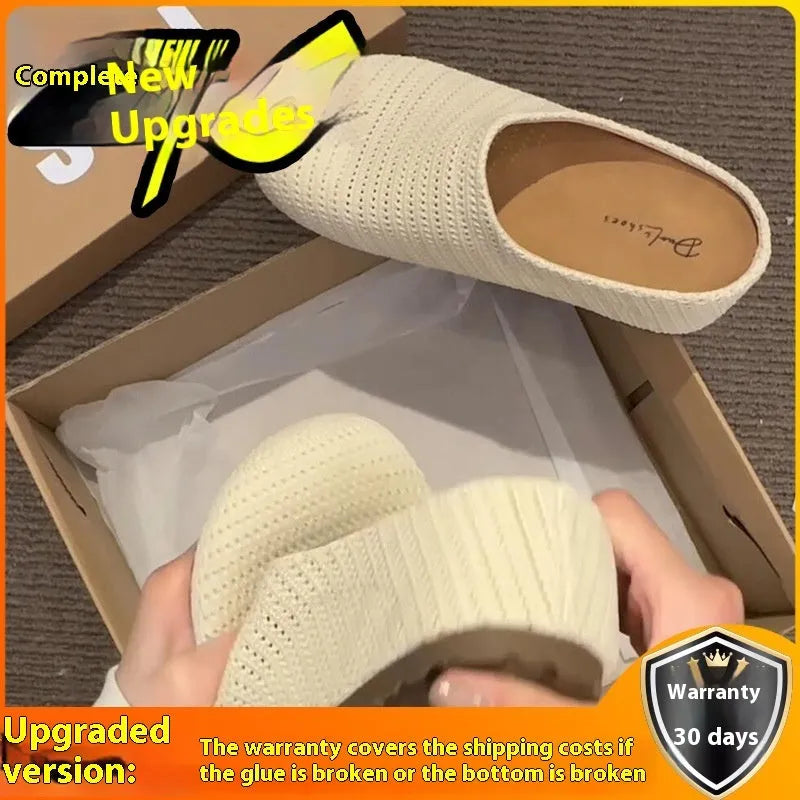 Women's blue cloth slippers with non-slip rubber soles and round toe design shown from side view