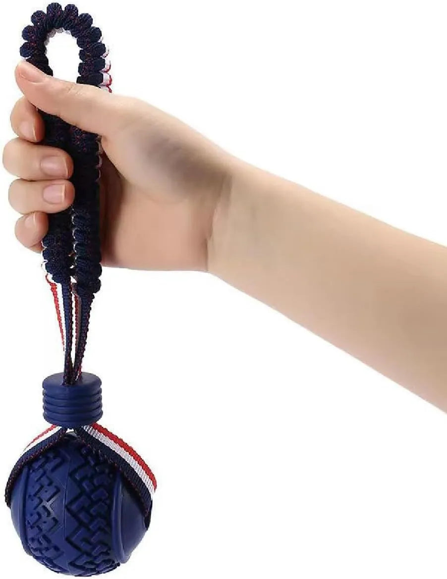 Blue dog ball with rope toy showing 6.5cm rubber ball and 29cm rope for dental cleaning and tugging games