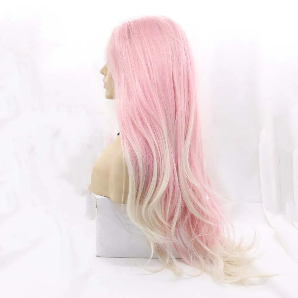Pink gradient big wave fluffy fashion wig for ladies with curly synthetic hair