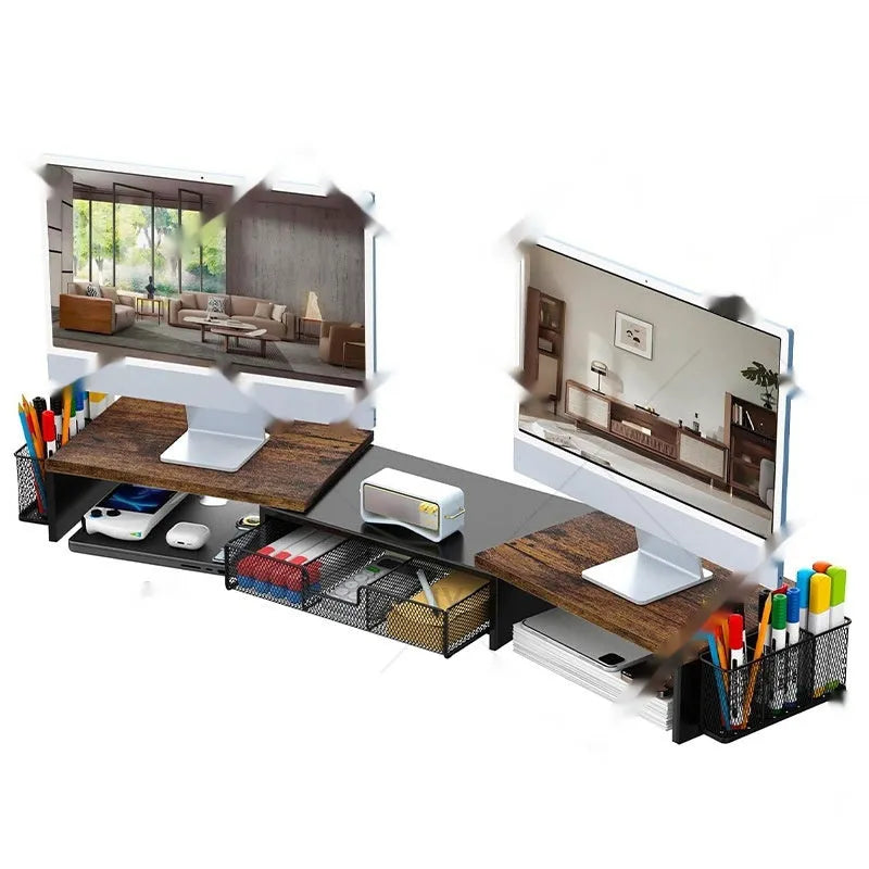 Dual-station desktop monitor elevated rack in carbon steel with retractable design