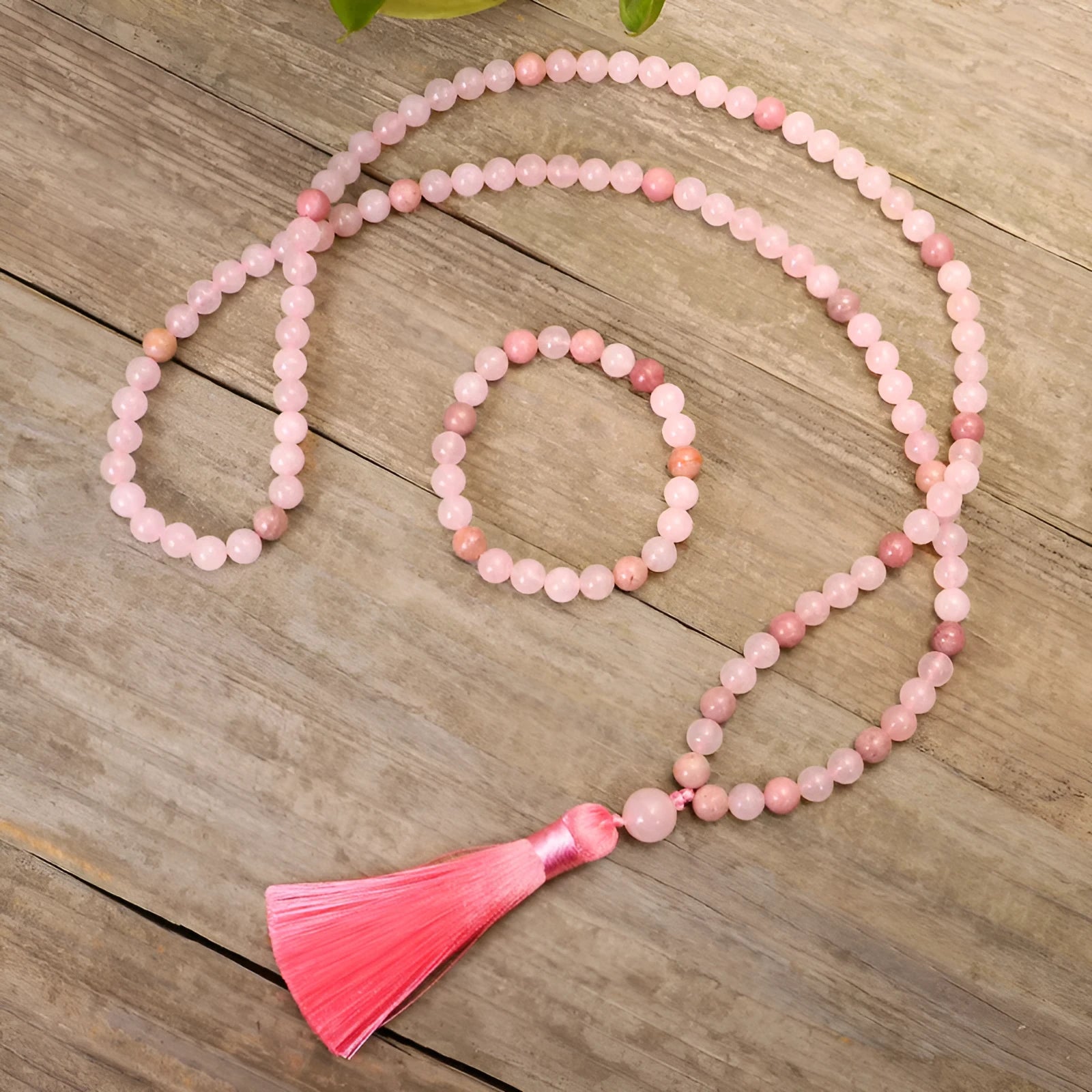 Stone bead string necklace and bracelet set with long fringe tassel pendant.