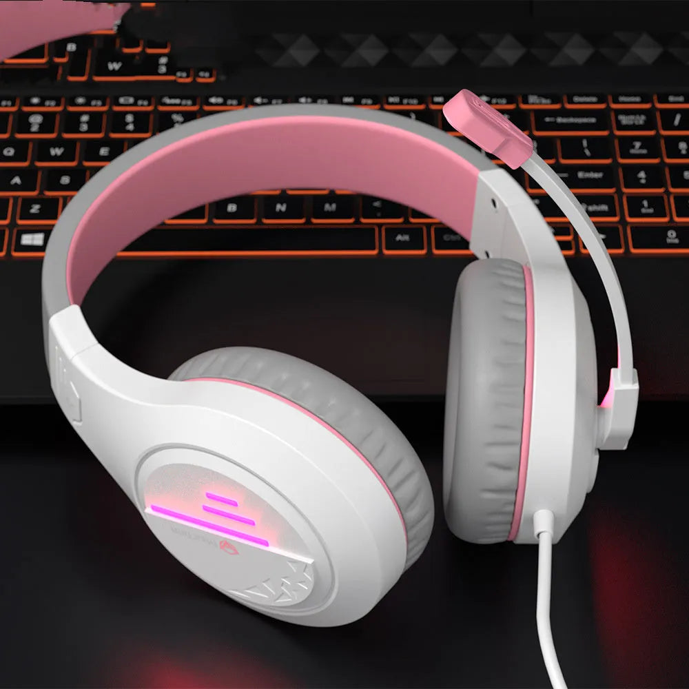 Lightweight wired gaming headset in black orange, white orange or white powder with adjustable headband and 50mm speakers
